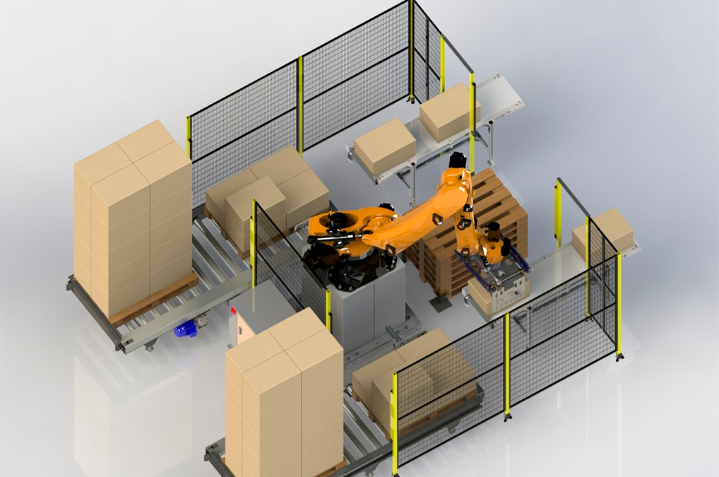 CELDA DE PALETIZADO DE DOS LINEAS DE PRODUCCION CON UN SOLO ROBOT